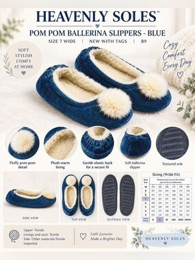 HEAVENLY SOLES POM BALLERINA SLIPPERS -BLUE SIZE 7 (NEW WITH TAGS) B9